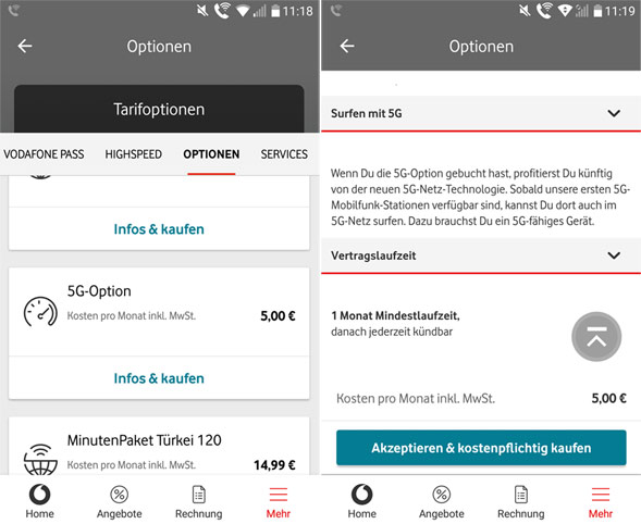 5G Option buchen in der App von Vodafone