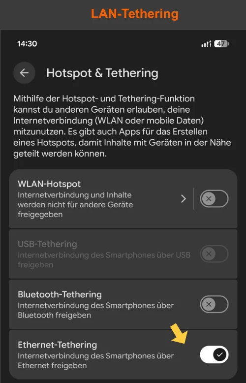 LAN-Tethering anschalten