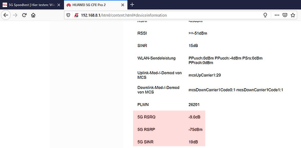 5G und LTE- Empfangsparameter im CPE 2 Pro anzeigen lassen