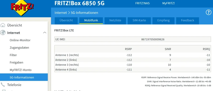 Empfangsparameter in der FritzBox 6850 5G