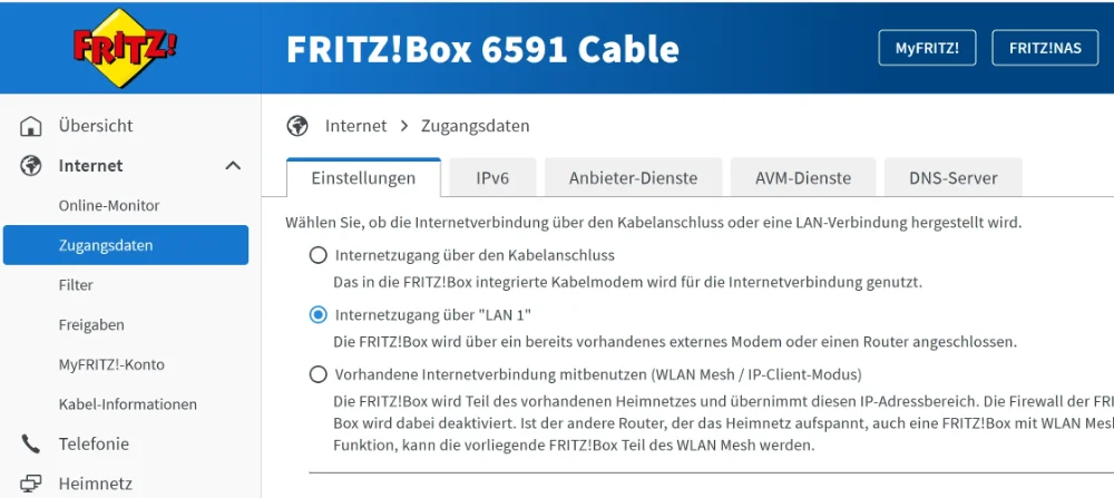 Internet über LAN1 im Router aktivieren Internet über LAN1 im Router aktivieren