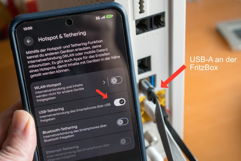Smartphone an FritzBox über USB-Tethering