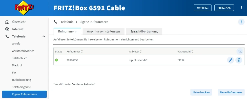 fertig konfigurierte SIP-Teleonnummer in der Fritzbox