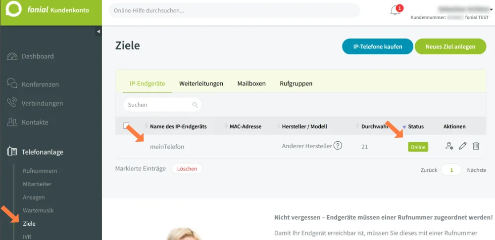 Fonial Rufnummer im Kundenmenü einrichten