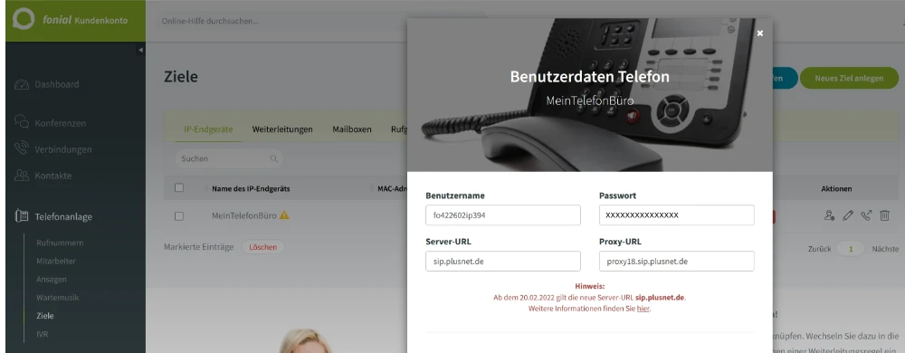 Fonial Zugangsdaten für Einrichtung einsehen